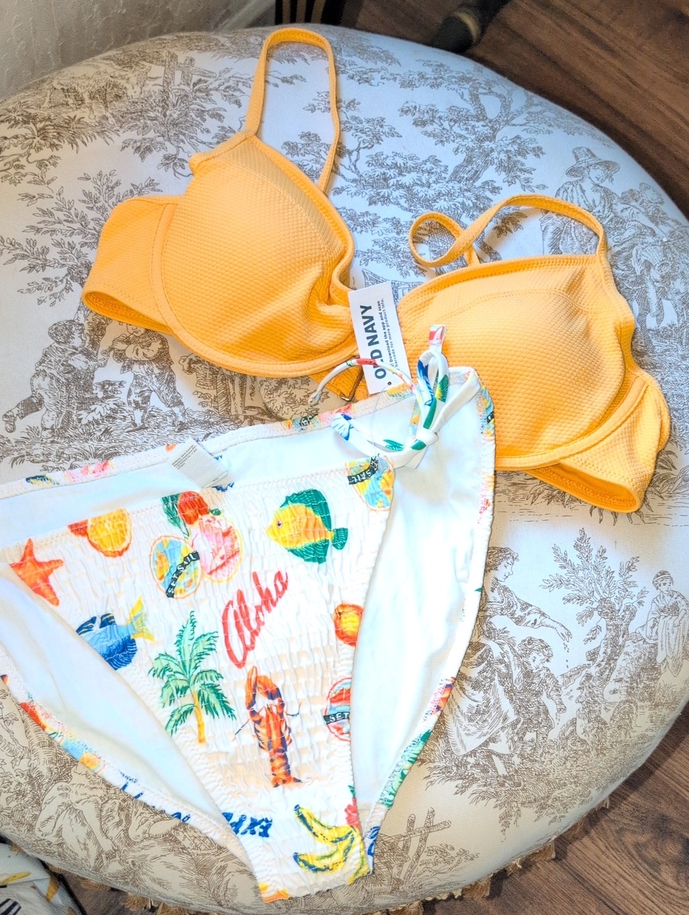 Old Navy Yellow Textured Bikini Top with Tropical Print Bikini Bottom
